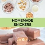homemade snickers ingredients and the finished candy bars.