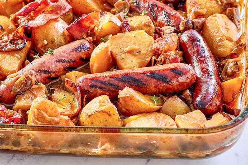 Irish coddle in a baking dish.
