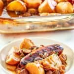 Irish coddle serving on a white plate in front of it in a baking dish.