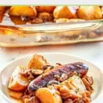 serving of Irish coddle on a white plate in front of it in a baking dish.