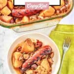 overhead view of Irish coddle in a baking dish and on a white plate.
