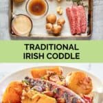Irish coddle ingredients and a serving on a plate.