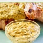 Mustard cream sauce in a small glass bowl.