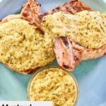overhead view of mustard cream sauce in a bowl and on top of pork chops.