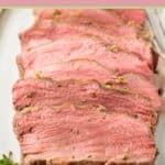 Closeup of New York Strip Roast slices.