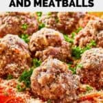 closeup of homemade Olive Garden spaghetti and meatballs with Parmesan.