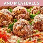 Closeup of homemade Olive Garden spaghetti and meatballs.