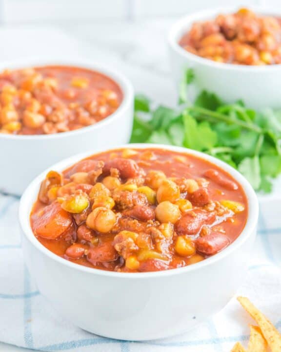 Copycat Panera turkey chili in three bowls.