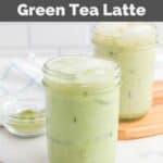two homemade Starbucks iced matcha latte drinks and spoons.