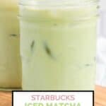 homemade Starbucks matcha latte drinks on a wood board.