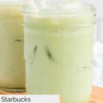 homemade Starbucks iced matcha latte in a mason jar.