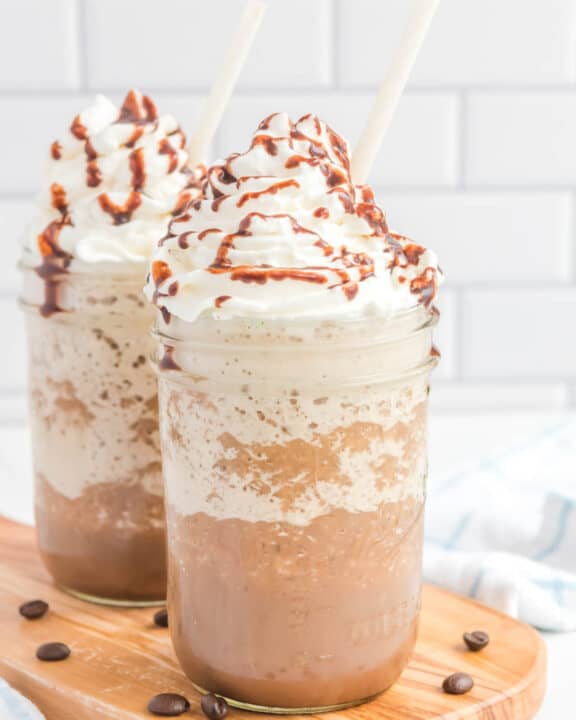 copycat Starbucks mocha frappuccino drinks in mason jars.