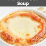 homemade TGI Friday's French onion soup in a white bowl.