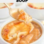 a bowl of homemade TGI Friday's French onion soup with some in a spoon.