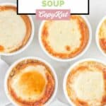 overhead view of bowls of copycat TGI Friday's French onion soup.