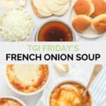 TGI Friday's French onion soup ingredients and the finished soup in bowls.
