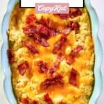 overhead view of twice baked cauliflower in a blue dish.