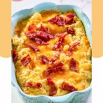 twice baked cauliflower in a blue baking dish.