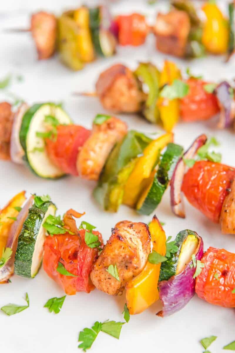 Four air fryer chicken kabobs.