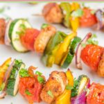 Closeup of air fried chicken kabobs.