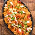 Overhead view of copycat Buffalo Wild Wings Buffalo chicken tots.