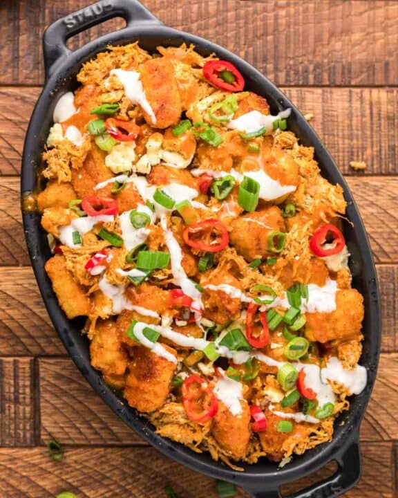 Overhead view of copycat Buffalo Wild Wings Buffalo chicken tots.
