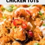 Closeup of homemade Buffalo Wild Wings Buffalo chicken tots.