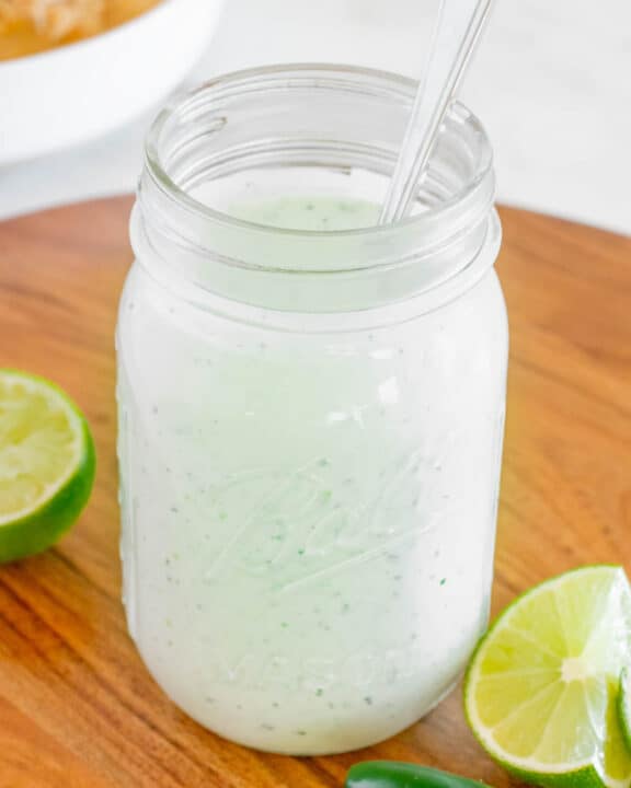 Copycat Cafe Rio tomatillo dressing in a mason jar.