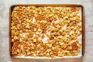 Homemade chex mix before baking in the oven.