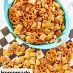 Overhead view of homemade chex mix on parchment paper and in a bowl.