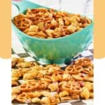 Homemade chex mix in a bowl and scattered on parchment.