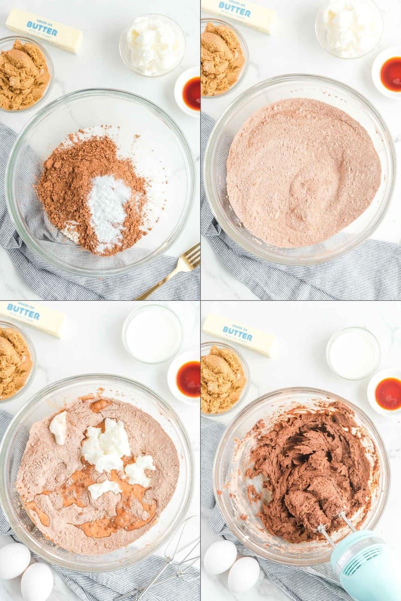 Collage of steps for making a chocolate cake from scratch.