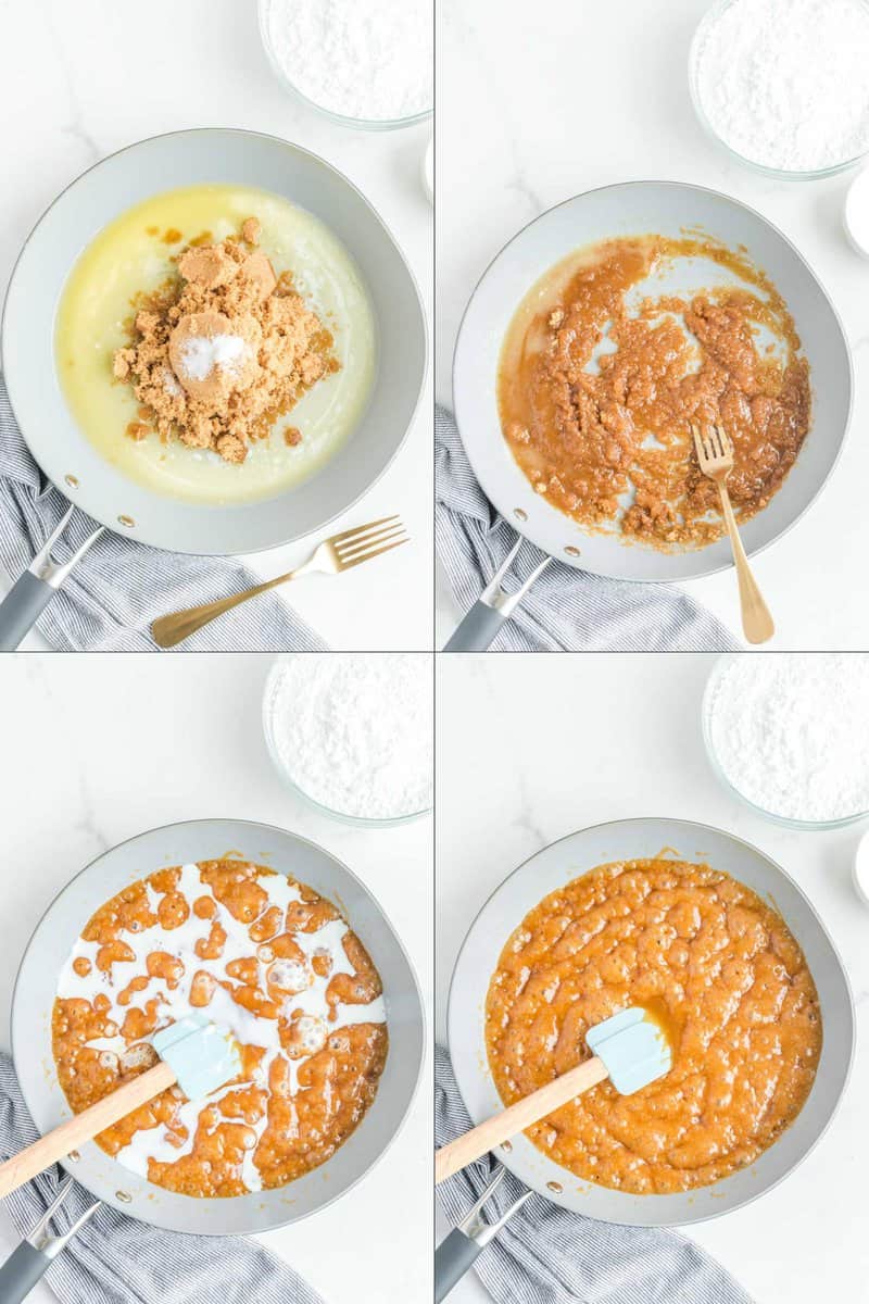 Collage of steps for making caramel frosting.