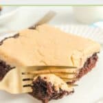 Fork cutting into a slice of chocolate caramel cake.