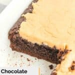 Chocolate caramel cake in a baking dish.
