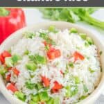 A bowl of cilantro rice, fresh cilantro, and a red bell pepper.