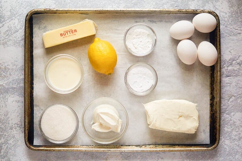 Cream cheese coffee cake ingredients on a tray.