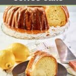 Cream cheese coffee cake slice on a plate and the cake on a stand.