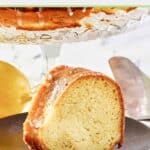 Slice of lemon cream cheese coffee cake on a plate.