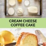 Cream cheese coffee cake ingredients and a slice of the cake.