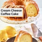Cream cheese coffee cake on a cake stand and a slice on a plate.