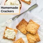 Overhead view of homemade crackers and a cheese spread.