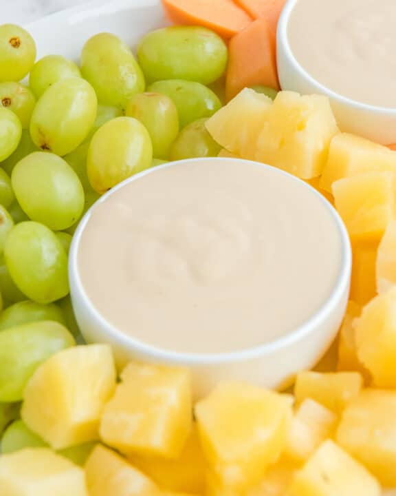 Copycat Jason's Deli fruit dip and assorted fresh fruit.
