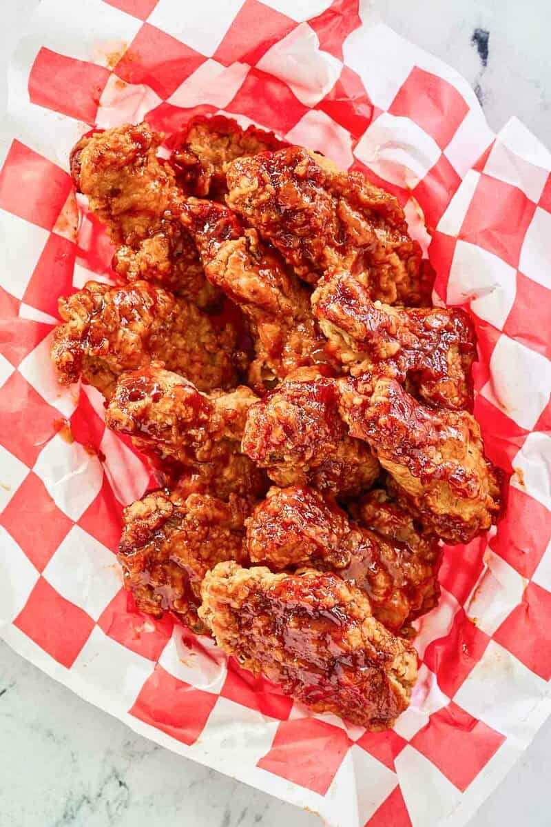 Overhead view of copycat KFC honey bbq chicken wings.