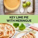 Key lime meringue pie ingredients and the finished pie.