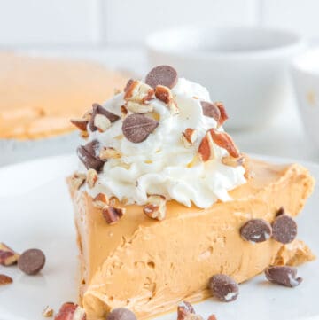 A slice of copycat O'Charley's caramel pie on a plate.