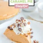 A slice of homemade O'Charley's caramel pie on a white plate.