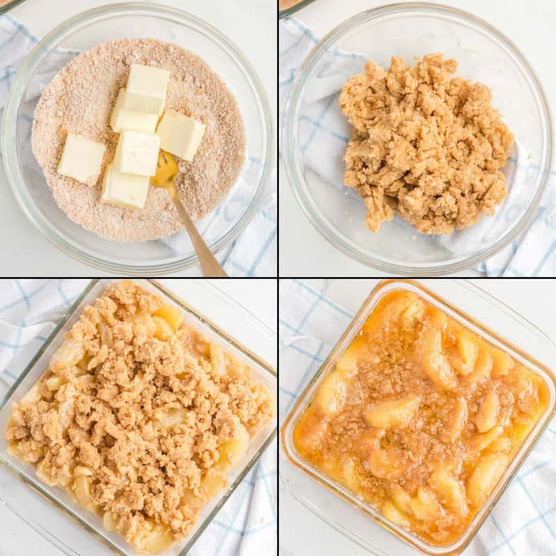 Collage of making topping for and baking apple carmelina.