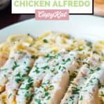 Closeup of homemade Olive Garden chicken alfredo pasta.