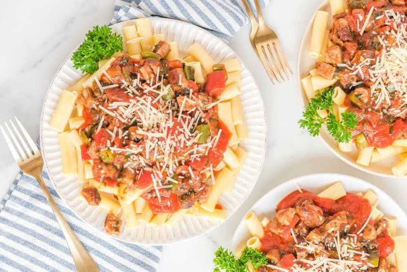 Overhead view of copycat Olive Garden Neapolitan ziti pasta.